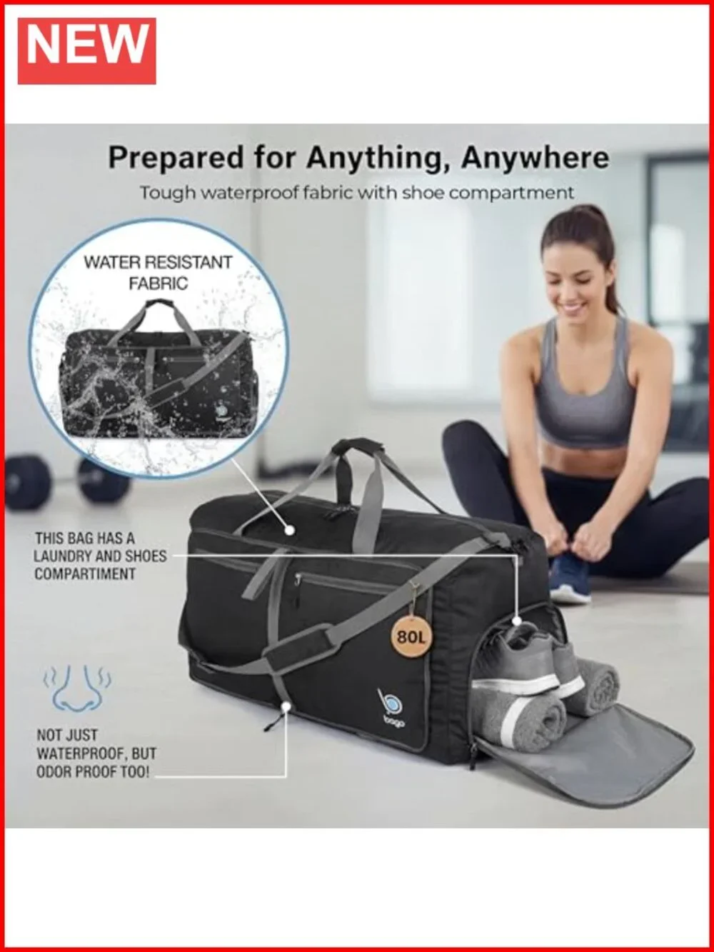 Large 80L Duffle Bag with Shoe Compartment, Foldable & Lightweight Travel